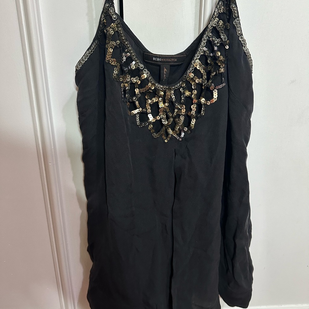 BCBG Maxazria Black Sequin 100% SILK Cami Adjustable Tank Top  Shirt Sz M NEW